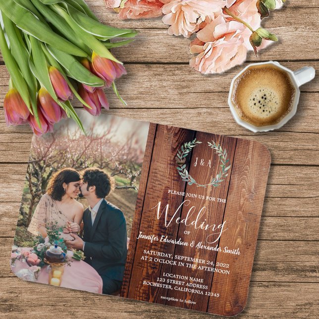 Magnet Flexible Mariage photo en bois feuille rustique (Rustic wood, watercolor leaves, monogrammed photo wedding magnetic invitation,)
