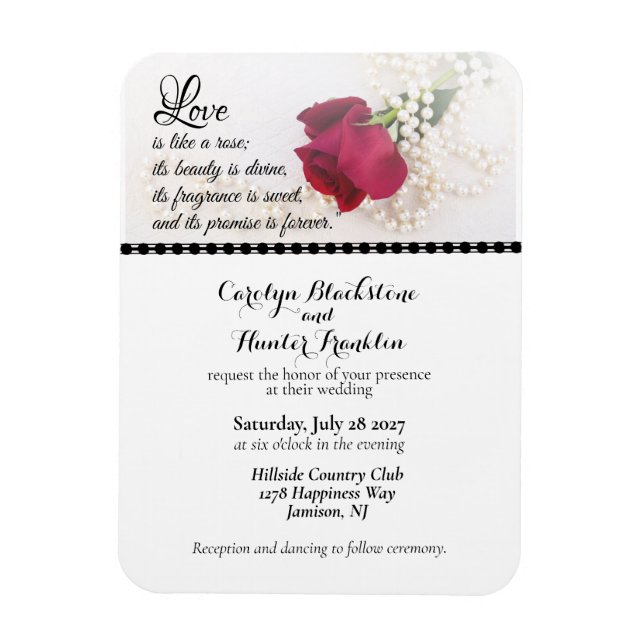 Magnet Flexible Mariage Rose Rouge & Perles (Vertical)