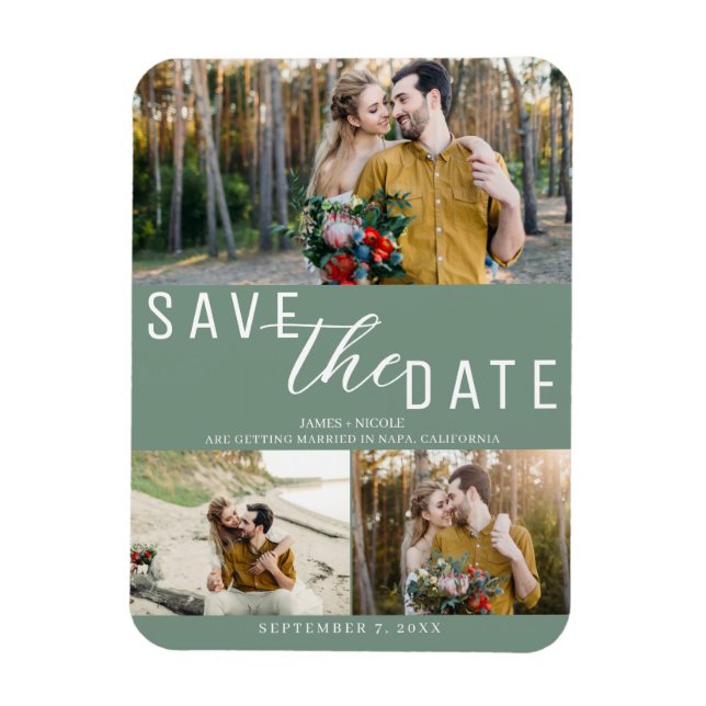 Magnet Flexible Mariage Rustique Vert Enregistrer la Date 3 Photos (Vertical)