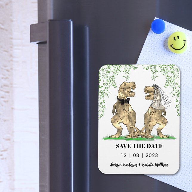 Magnet Flexible Mariage Thème Dinosaure Enregistrer La Date (T-Rex bride and groom funny dinosaur wedding save the date magnet)