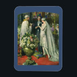 Magnet Flexible Mariage Vintage, Mariée et Marié avec Ménorah<br><div class="desc">Illustration vintage d'amour et de romance de cérémonie de mariage représentant un couple se mariant dans une belle synagogue avec des vitraux,  des fleurs et une ménorah à sept branches. La mariée porte une longue robe de mariée blanche et le marié est élégant dans son smoking.</div>