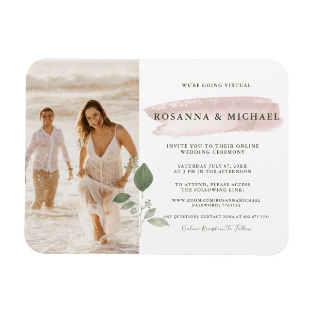 Magnet Flexible Mariage Virtuel avec Éclaboussure Rose Aquarelle  (Horizontal)