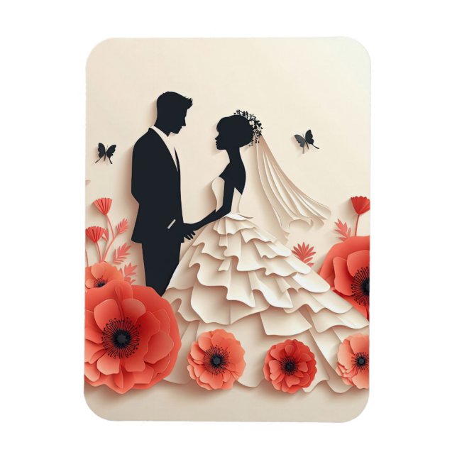 Magnet Flexible Mariés en papier découpé avec des fleurs (Vertical)
