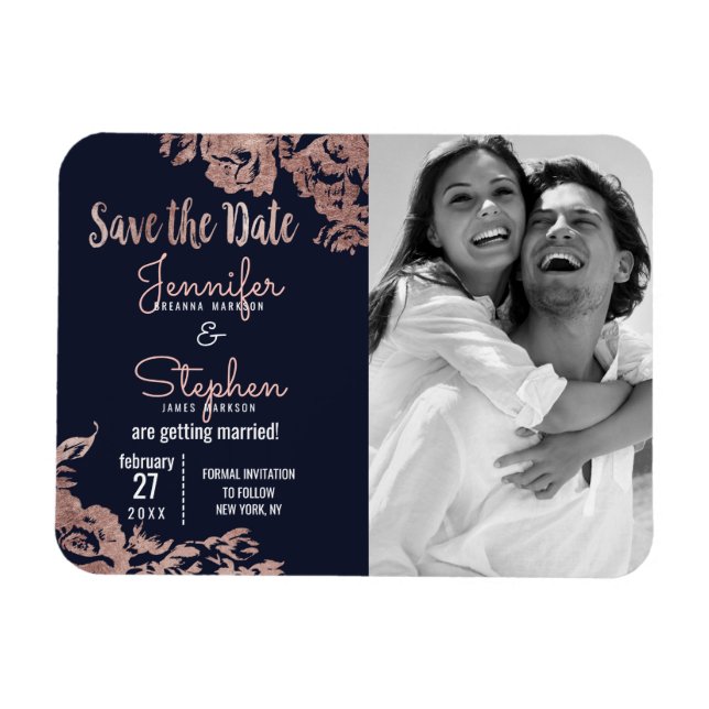 Magnet Flexible Marine Bleu et or Rose Floral Enregistrer la date (Horizontal)