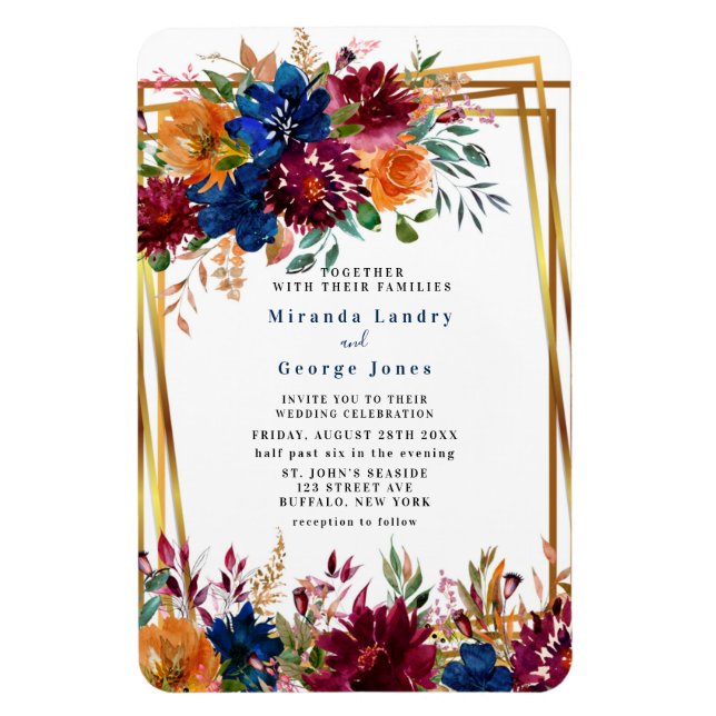 Magnet Flexible Marine Marsala Orange Floral Gold Wedding Invitati (Vertical)