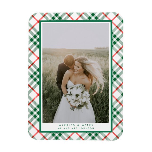 Magnet Flexible Married Merry Plaid Christmas Newlywed Photo (Vertical)