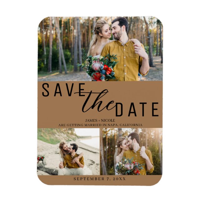 Magnet Flexible Marron Save the Date Mariage 3 Photos (Vertical)