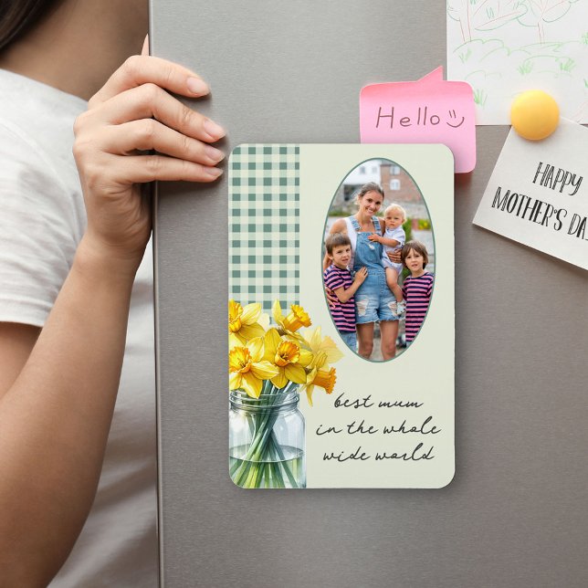 Magnet Flexible Meilleure maman En vichy vert photo et jonquilles  (Fridge Magnet for the best Mum with photo, daffodils and editable wording - perfect for Mother's Day)