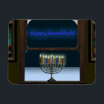 Magnet Flexible Menorah Dans La Fenêtre<br><div class="desc">Une représentation d'une menorah traditionnelle de Chanukkah dans une fenêtre.  La menorah se reflète dans la fenêtre,  il y a du gel sur le verre,  et de la neige dehors.</div>