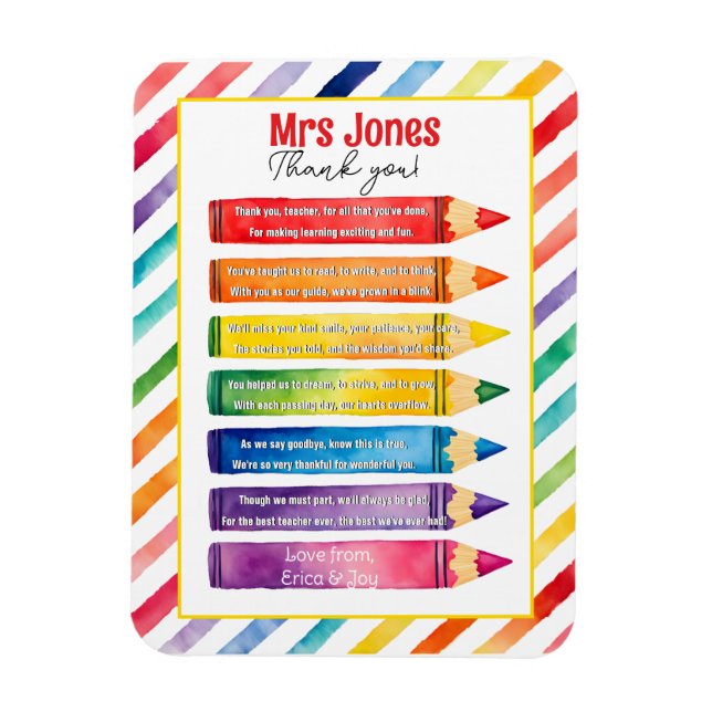 Magnet Flexible merci professeur Appréciation crayons poème (Vertical)