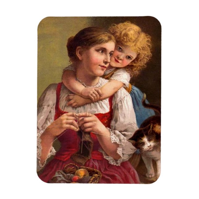 Magnet Flexible Mère tricotant avec enfant et chat (Vertical)