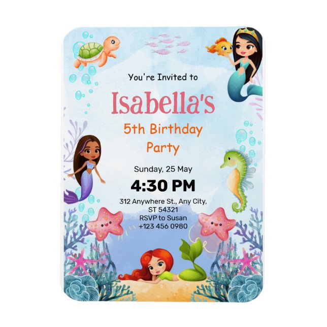 Magnet Flexible Mermaid Mer 5e anniversaire Invitation de fête (Vertical)