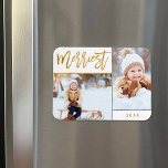 Magnet Flexible Merriest Faux Gold Foil 2 Photo Holiday<br><div class="desc">Magnets photos de vacances imprimés sur mesure avec des modèles simples pour la personnalisation. Cet élégant design présente un montage photo de 2 photos sur un arrière - plan blanc. Le texte du script de calligraphie moderne dit Merriest en fausse feuille d'or. Personnalisez-le avec vos propres photos, et ajoutez l'année...</div>