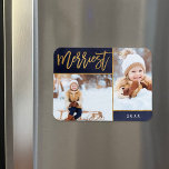 Magnet Flexible Merriest Faux Gold Foil 2 Photo Holiday<br><div class="desc">Magnets photos de vacances imprimés sur mesure avec des modèles simples pour la personnalisation. Cet élégant design comprend 2 photos collage disposition sur un arrière - plan bleu marine aquarelle. Le texte du script de calligraphie moderne dit Merriest en fausse feuille d'or. Personnalisez-le avec vos propres photos, et ajoutez l'année...</div>