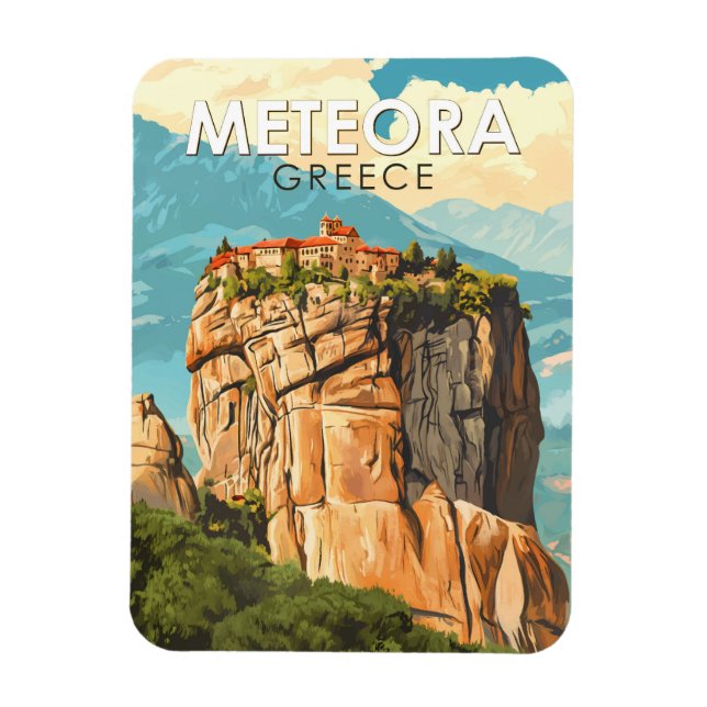 Magnet Flexible Meteora Grèce Illustration Voyage Art Rétro (Vertical)