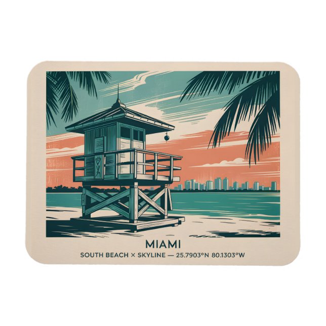 Magnet Flexible Miami Florida Travel South Beach Minimalist Retro (Horizontal)
