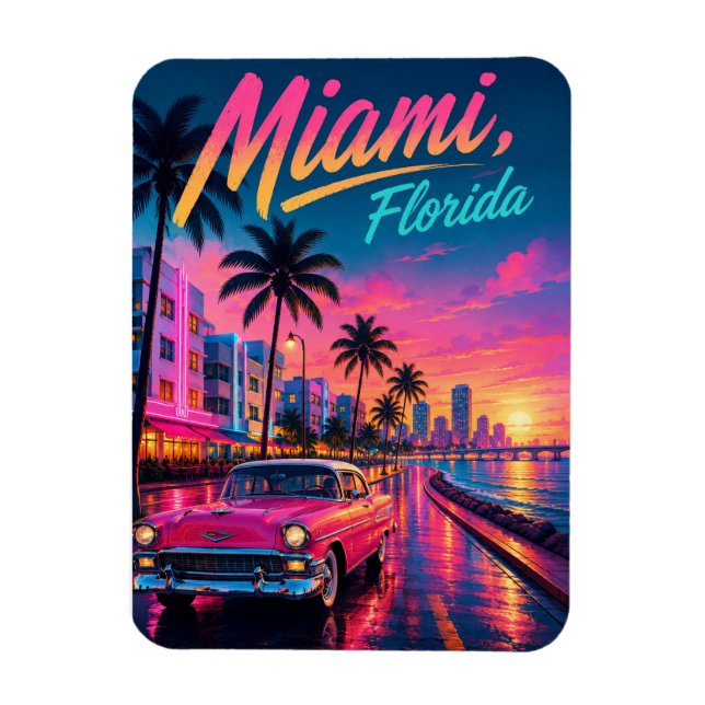 Magnet Flexible Miami Floride Rétro Néon Coucher de Soleil Voyage (Vertical)