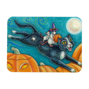 MAGNET FLEXIBLE MICE BLANCHE & CHAT NOIR SUR CHASSE HALLOWEEN SCAV
