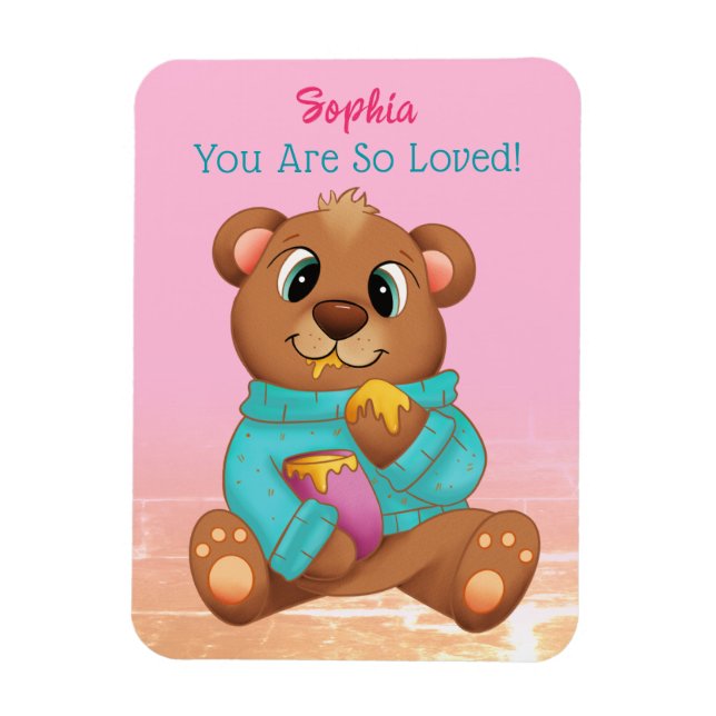 Magnet Flexible Mignonne Ours Manger Miel, Nom/Message de l'enfant (Vertical)