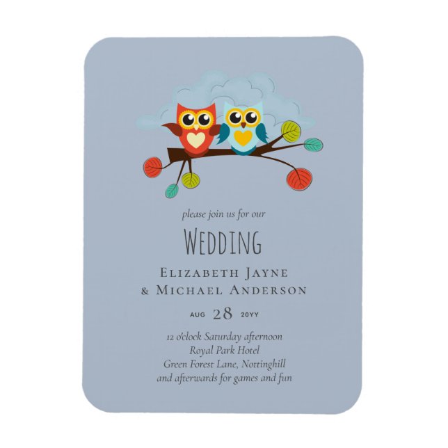 Magnet Flexible Mignonne OWLS Mariage à thème Bleu orange (Vertical)