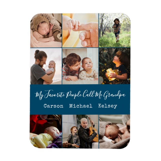 Magnet Flexible Modern Blue 9 Photo Collage pour grand-père (Vertical)