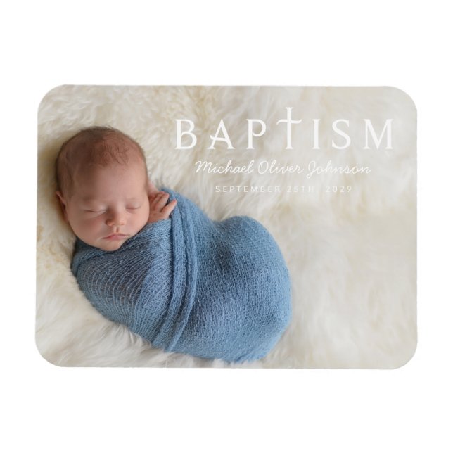 Magnet Flexible Modern Script Religious Cross Boy Baptism Photo (Horizontal)