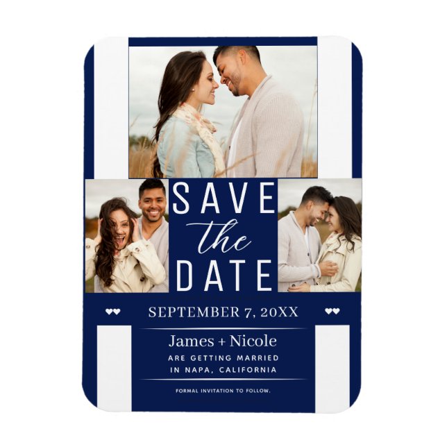 Magnet Flexible Moderne Bleu & Blanc Enregistrer la date 3 Mariage (Vertical)