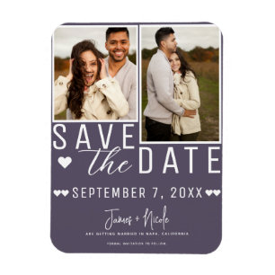 Magnet Flexible Moderne Faire-Part de Mariage 2 Photos Violet Pous