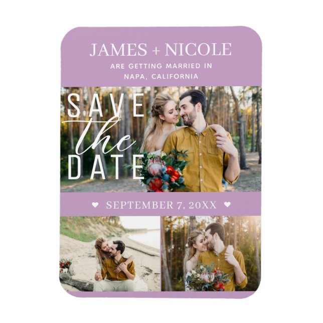 Magnet Flexible Moderne Faire-Part de Mariage Lilac Violet avec 3  (Vertical)