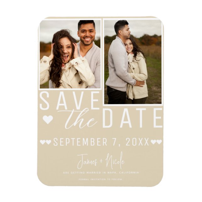Magnet Flexible Moderne Faire-Part de Mariage Photo 2 Tons Beige C (Vertical)