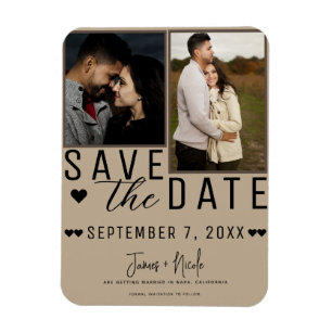 Magnet Flexible Moderne Faire-Part Mariage Deux Photos Beige Amand