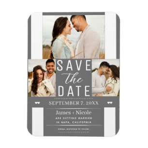 Magnet Flexible Moderne Gris Blanc Save the Date 3 Photo Mariage