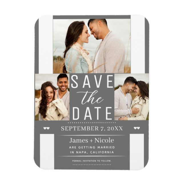 Magnet Flexible Moderne Gris Blanc Save the Date 3 Photo Mariage  (Vertical)