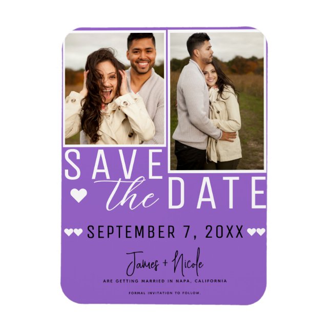 Magnet Flexible Moderne Mariage Violet Enregistrer la Date 2 Photo (Vertical)