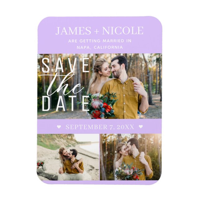Magnet Flexible Moderne Pastel Lavender Enregistrer la Date 3 Phot (Vertical)