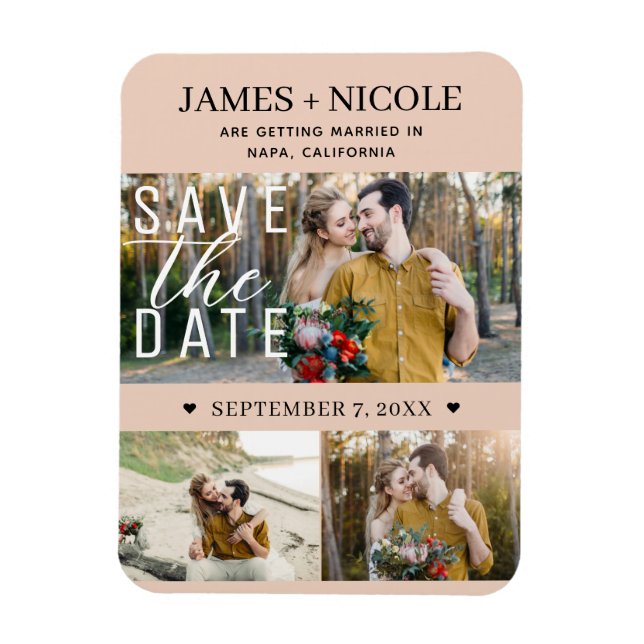 Magnet Flexible Moderne Peach Save the Date Mariage 3 Photos (Vertical)