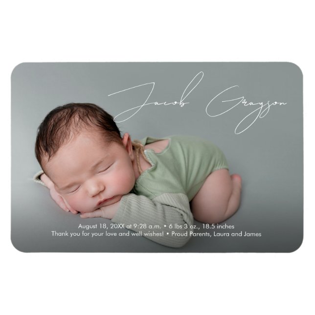 Magnet Flexible Moderne Simple Baby Boy Nom Script Photo Naissance (Horizontal)