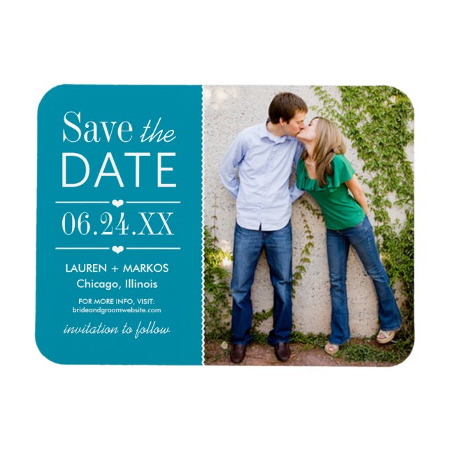 Magnet Flexible Moderne Turquoise Hearts Mariage Photo Enregistrer (Horizontal)