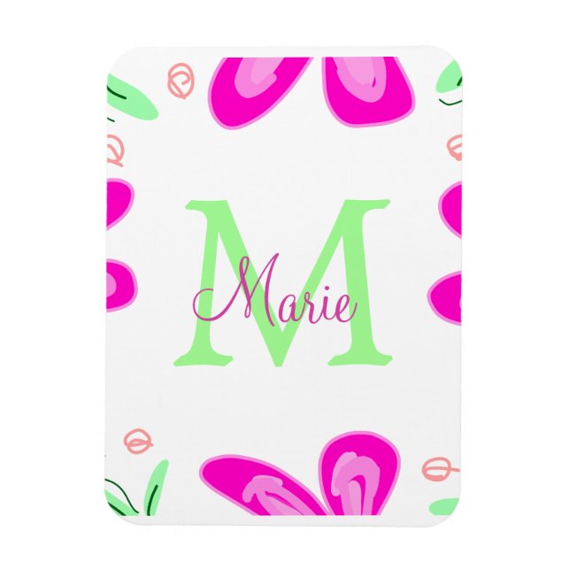 Magnet Flexible Monogramme de fleur rose ajouter nom lettre feuill (Vertical)