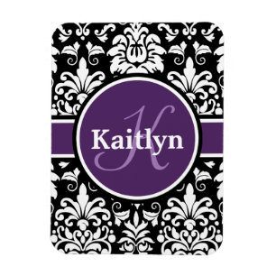 Magnet Flexible Monogramme élégant violet noir blanc Damas