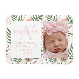 Magnet Flexible Monogrammed Name Floral Pink Birth Announcement
