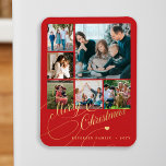 Magnet Flexible Montage photo rouge moderne Joyeux Noël<br><div class="desc">Elégant style Joyeux Noël faux or classique script de calligraphie six photos de famille rouge fête de fête aimante de conservation avec votre texte personnalisé.</div>