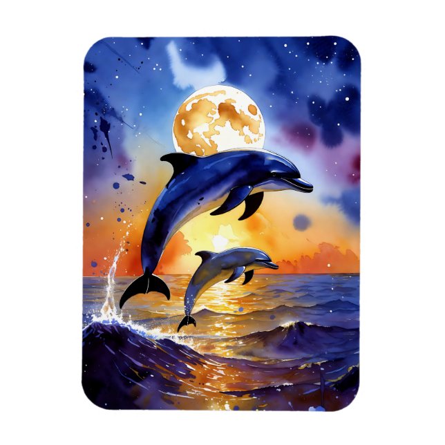 Magnet Flexible Moonlit Dolphin Dreams Over Sunset Ocean (Vertical)