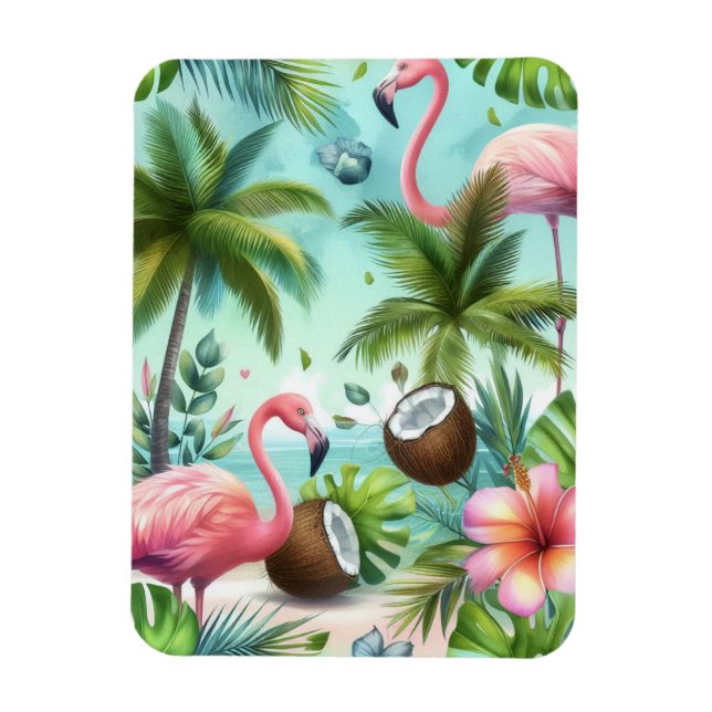 Magnet Flexible Motif Flamants roses et noix de coco (Vertical)