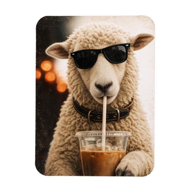 Magnet Flexible Moutons Cool Buvant un Café Glacé (Vertical)