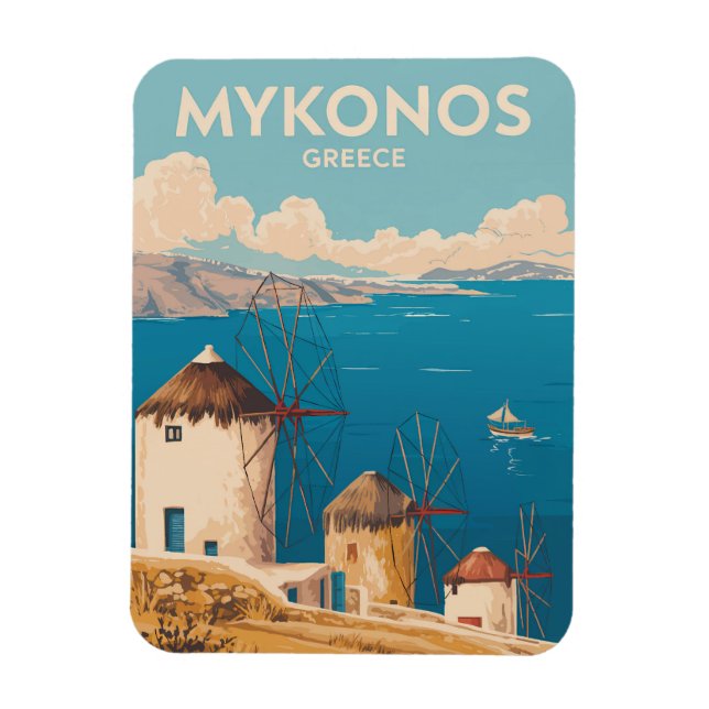 Magnet Flexible Mykonos Greece Illustration Travel Art Vintage (Vertical)