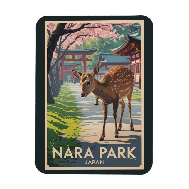 Magnet Flexible Nara Park Japan Deer Illustration Travel Art Retro (Vertical)