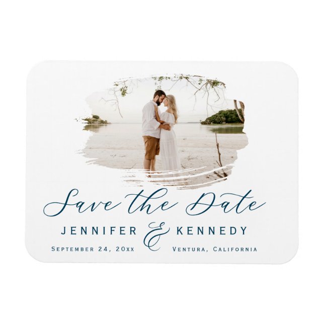 Magnet Flexible Navy Blue Romantic Brushed Photo Save The Date (Horizontal)