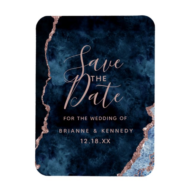 Magnet Flexible Navy Blue Rose Gold Agate Marble Save the Date (Vertical)