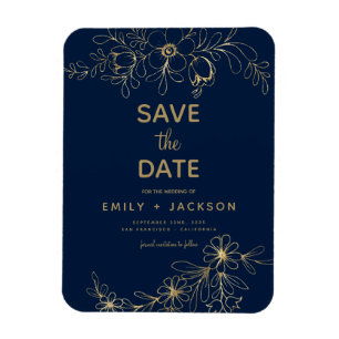 Magnet Flexible Navy Blue Save the Date Floral Gold Foil